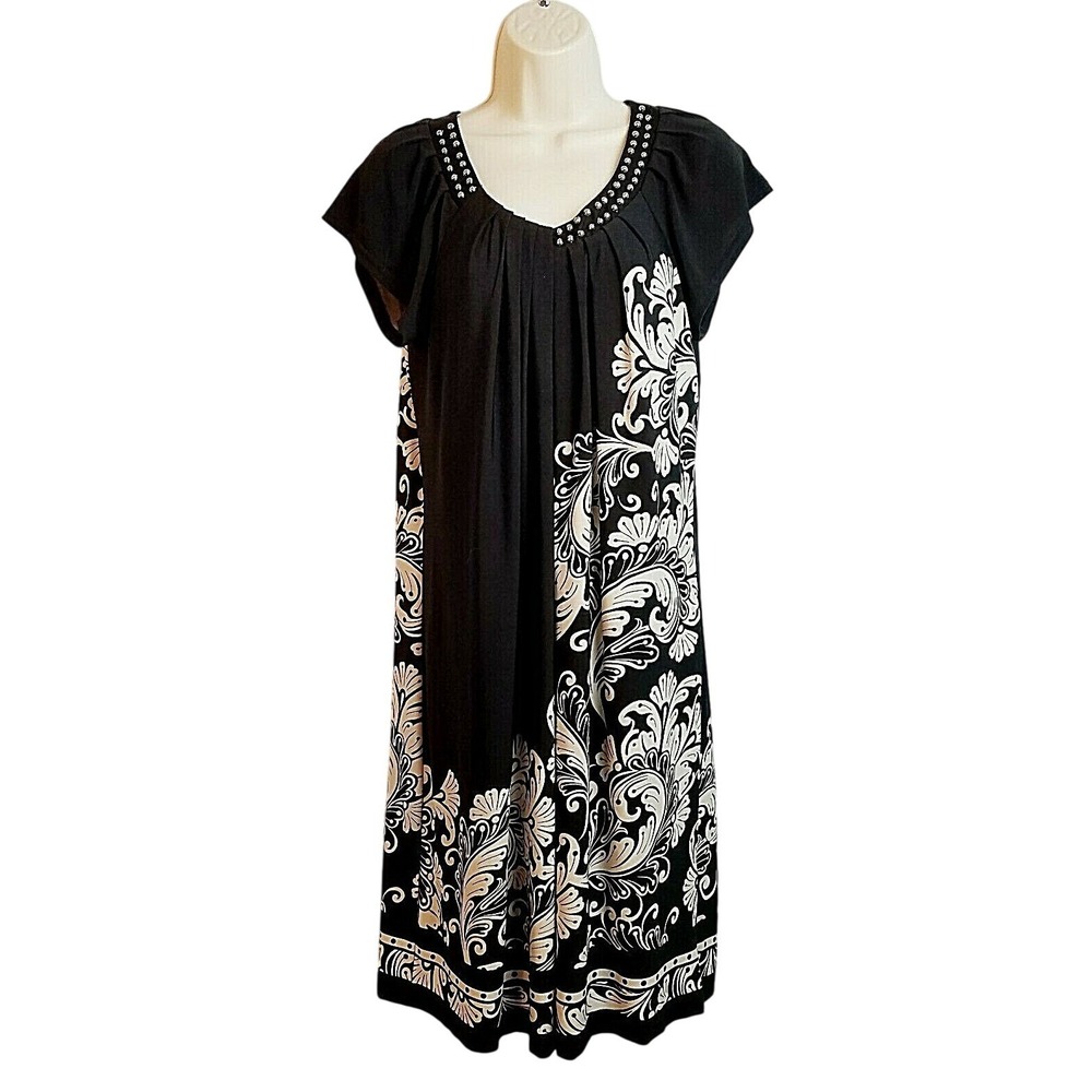 Dressbarn Womens Black White Paisley Studded Pleated Shift Dress 10 Boho Classic
